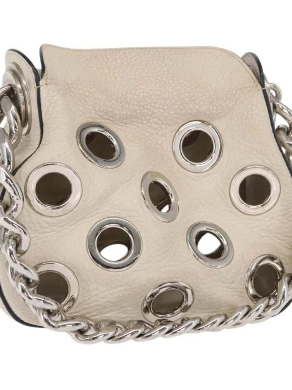 PRADA Grommet Punching Chain Hand Bag Leather Ivory Silver Auth 165205 - Picture 2 of 16